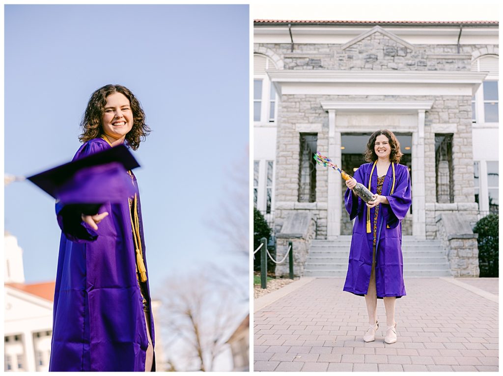 Meg in Cap and Gown on James Madison University Campus