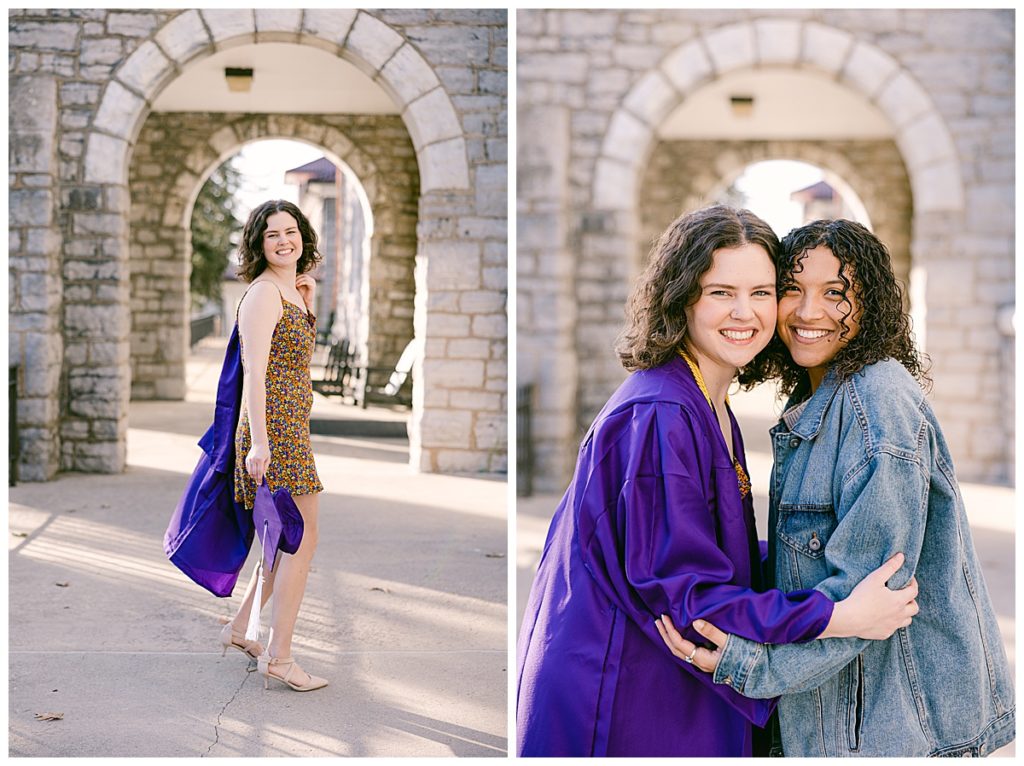 Meg in Cap and Gown on James Madison University Campus