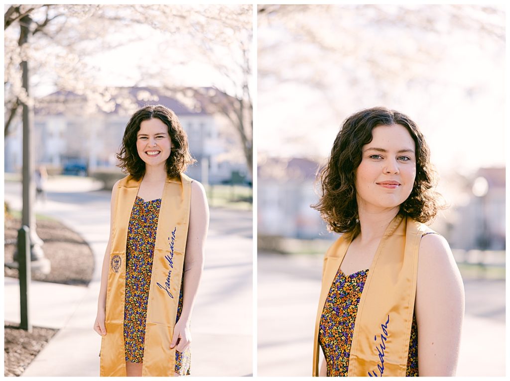 Meg in Cap and Gown on James Madison University Campus