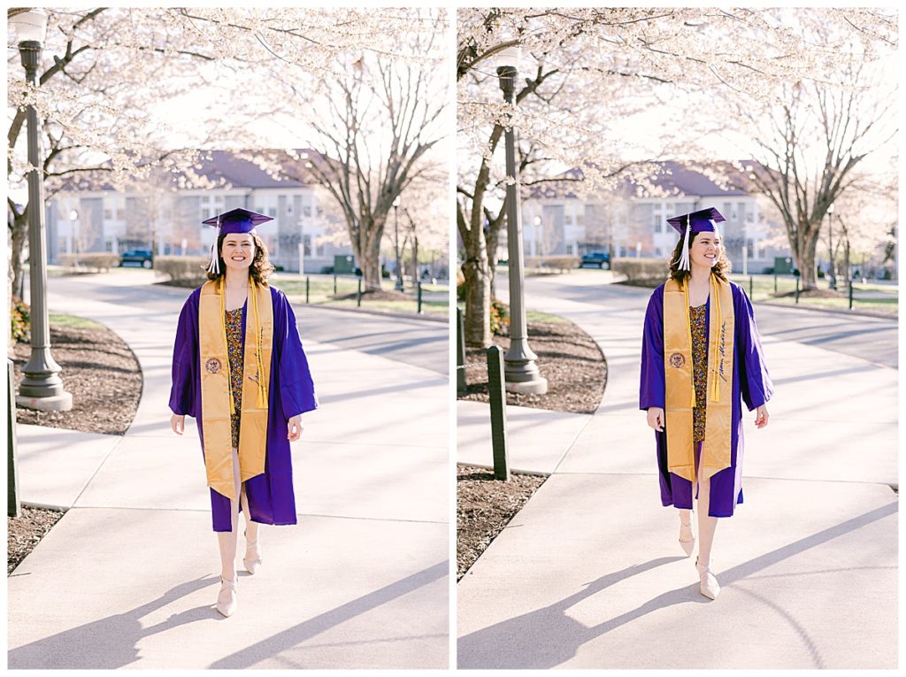 Meg in Cap and Gown on James Madison University Campus