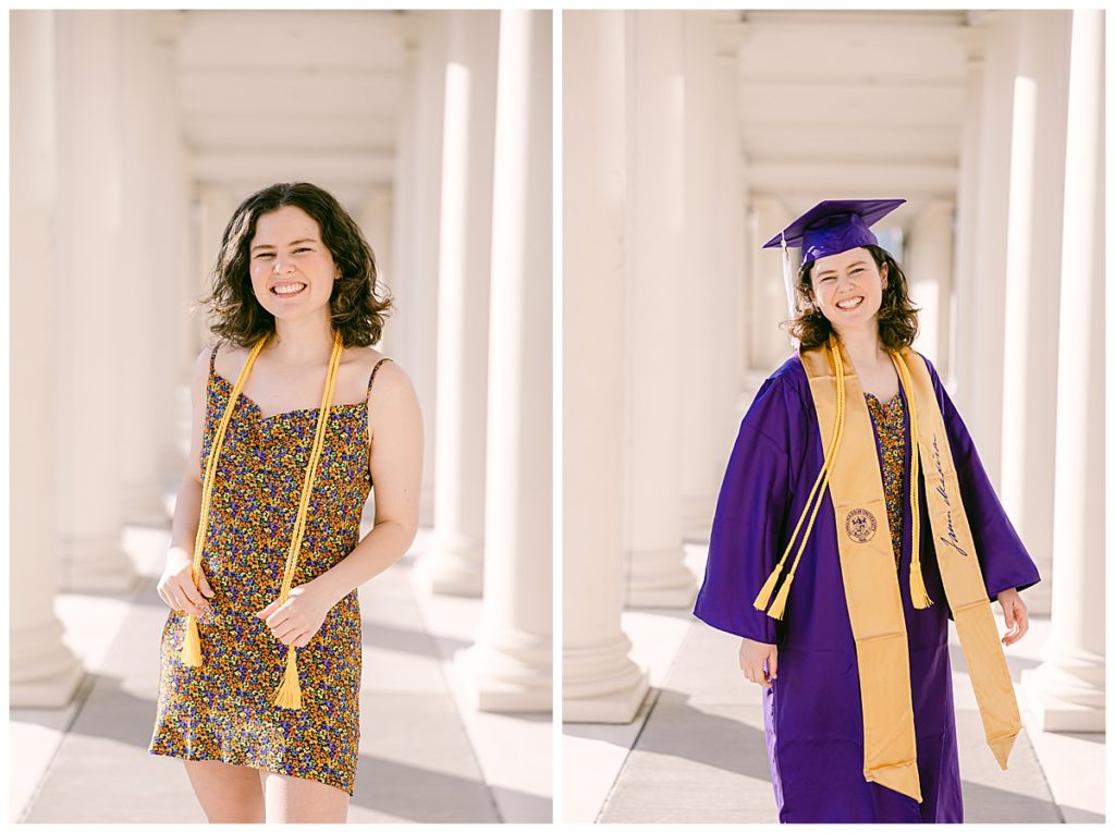 Meg in Cap and Gown on James Madison University Campus