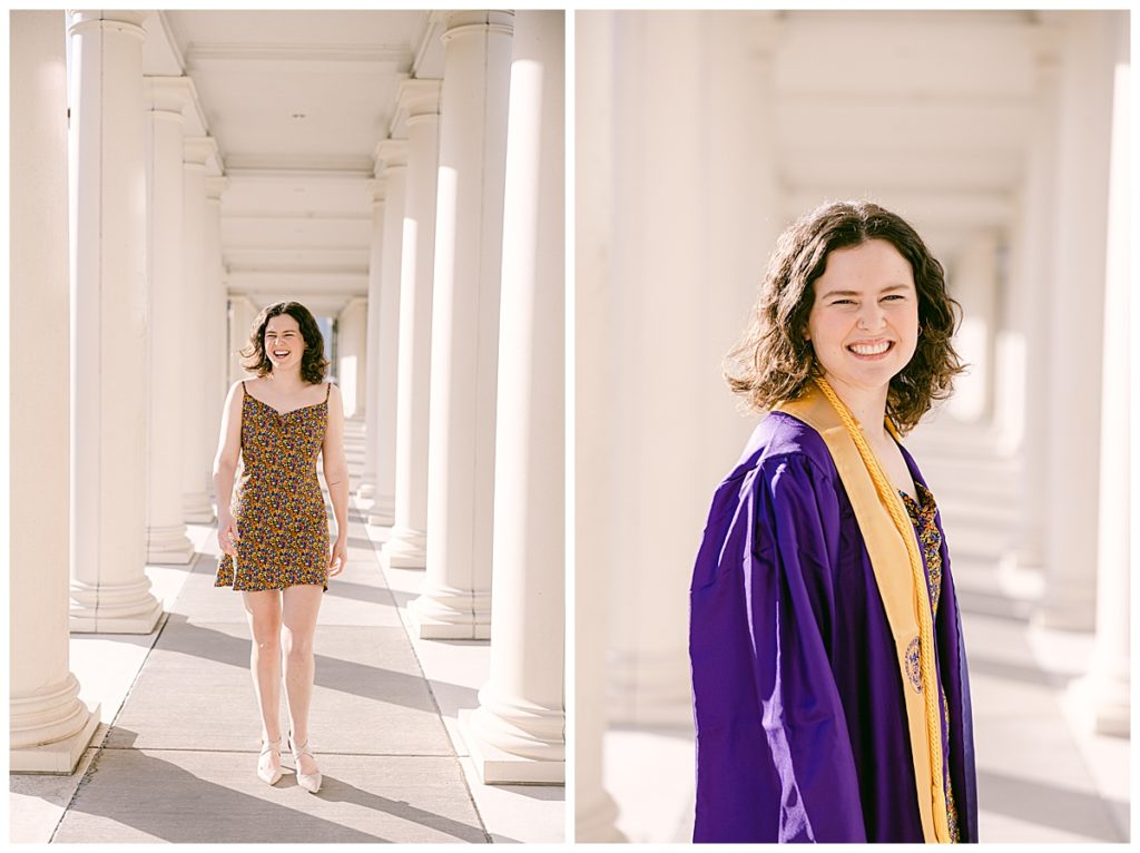 Meg in Cap and Gown on James Madison University Campus